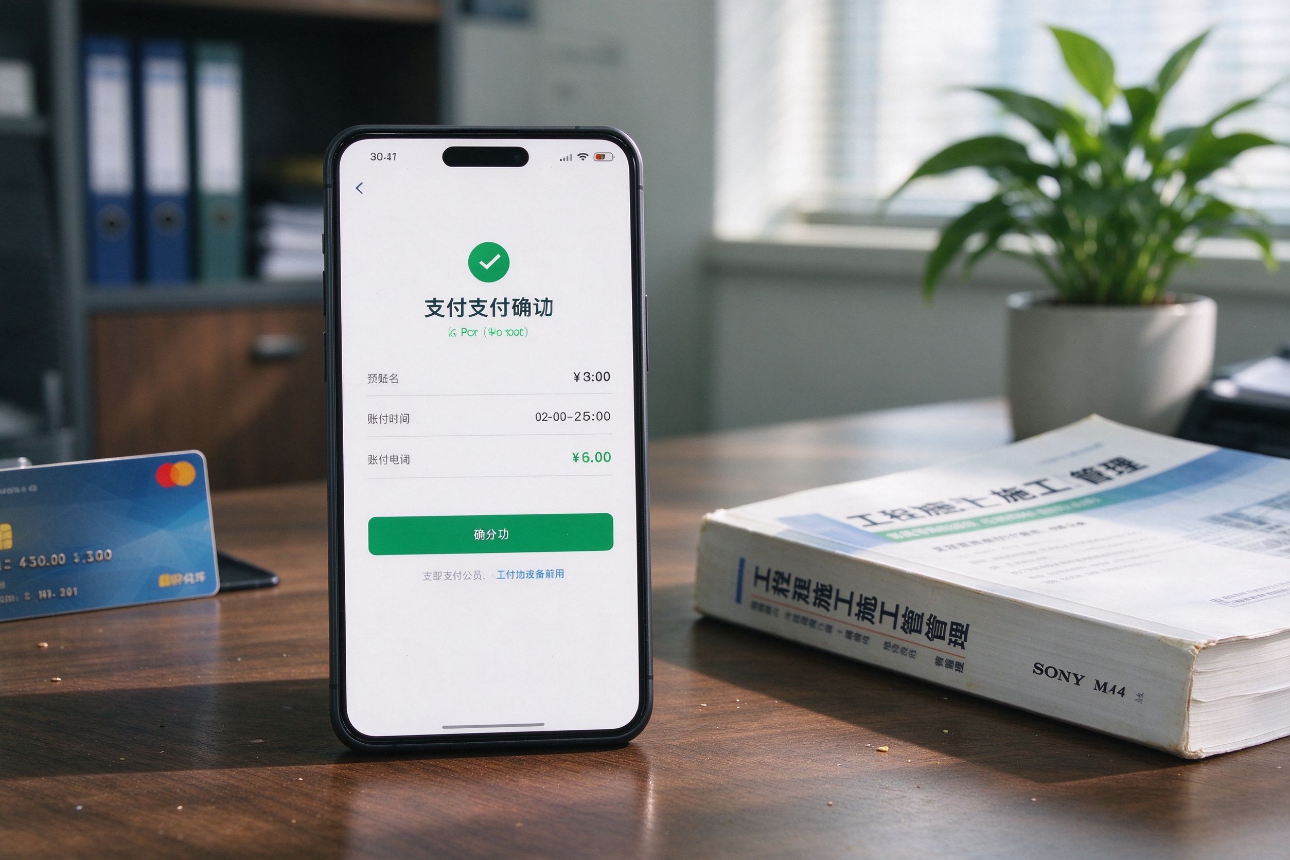 手机屏幕显示支付成功界面，旁边放着银行卡与教材