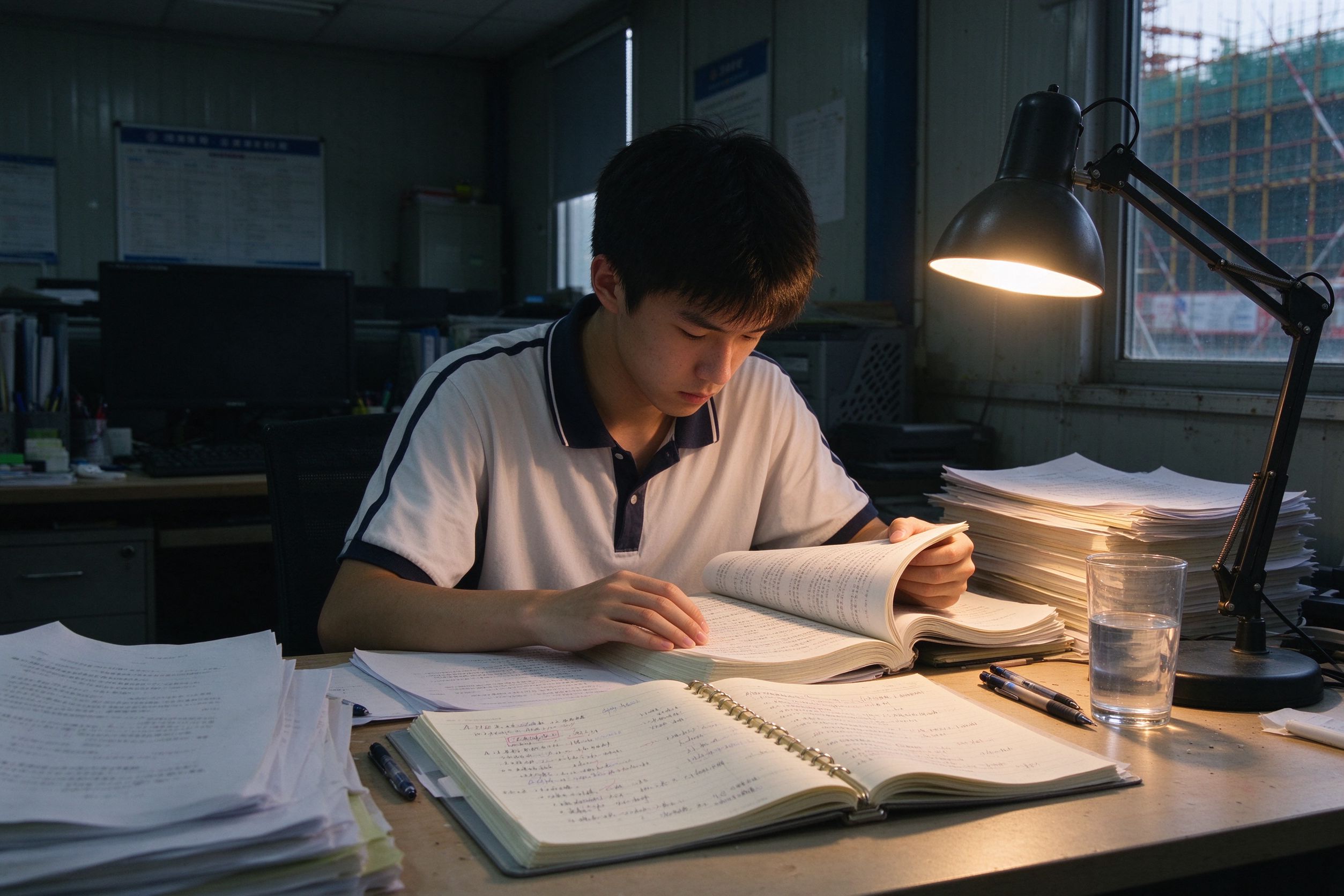 考生在工地办公室台灯下低头翻看复习资料和错题本