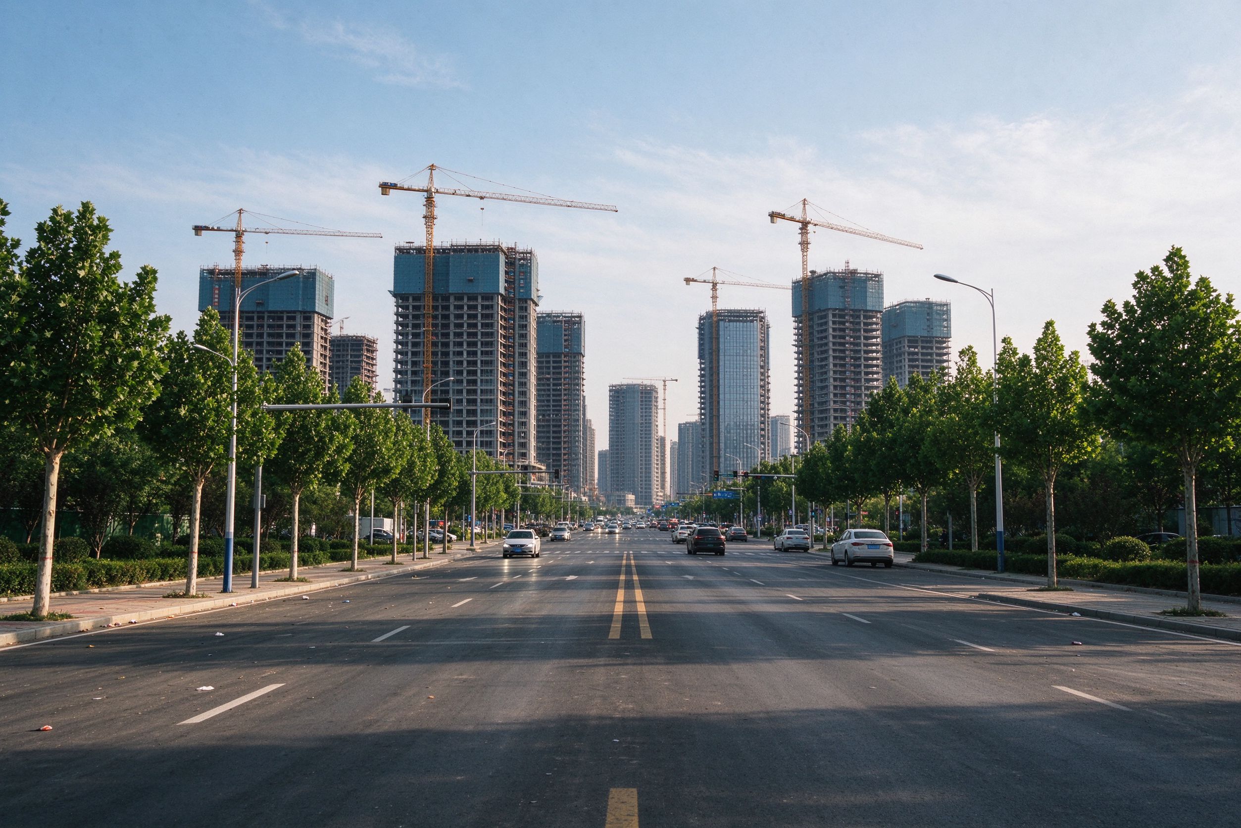新乡城市马路与远处在建高楼塔吊