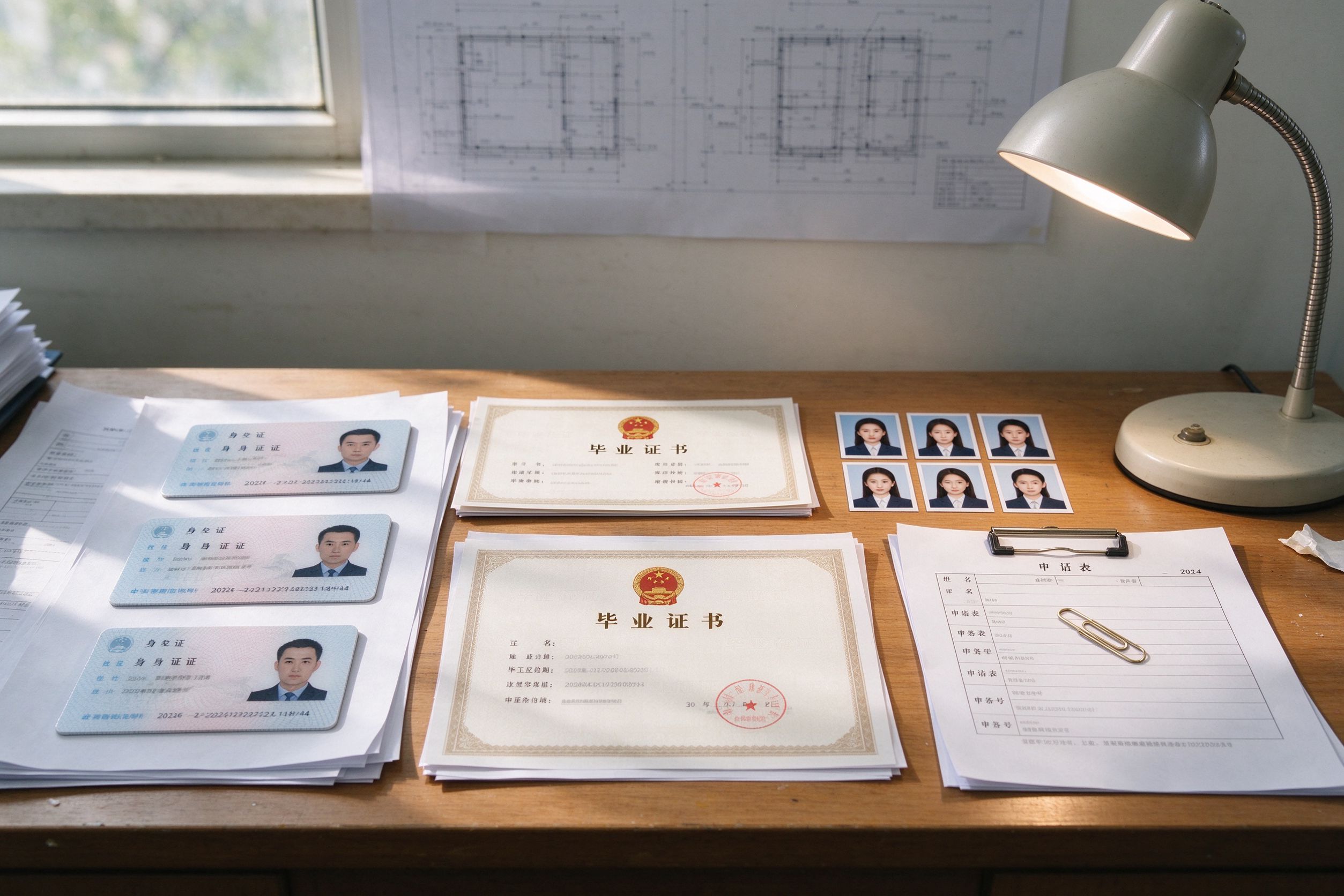 考试报名材料整理，身份证学历证书复印件整齐摆放