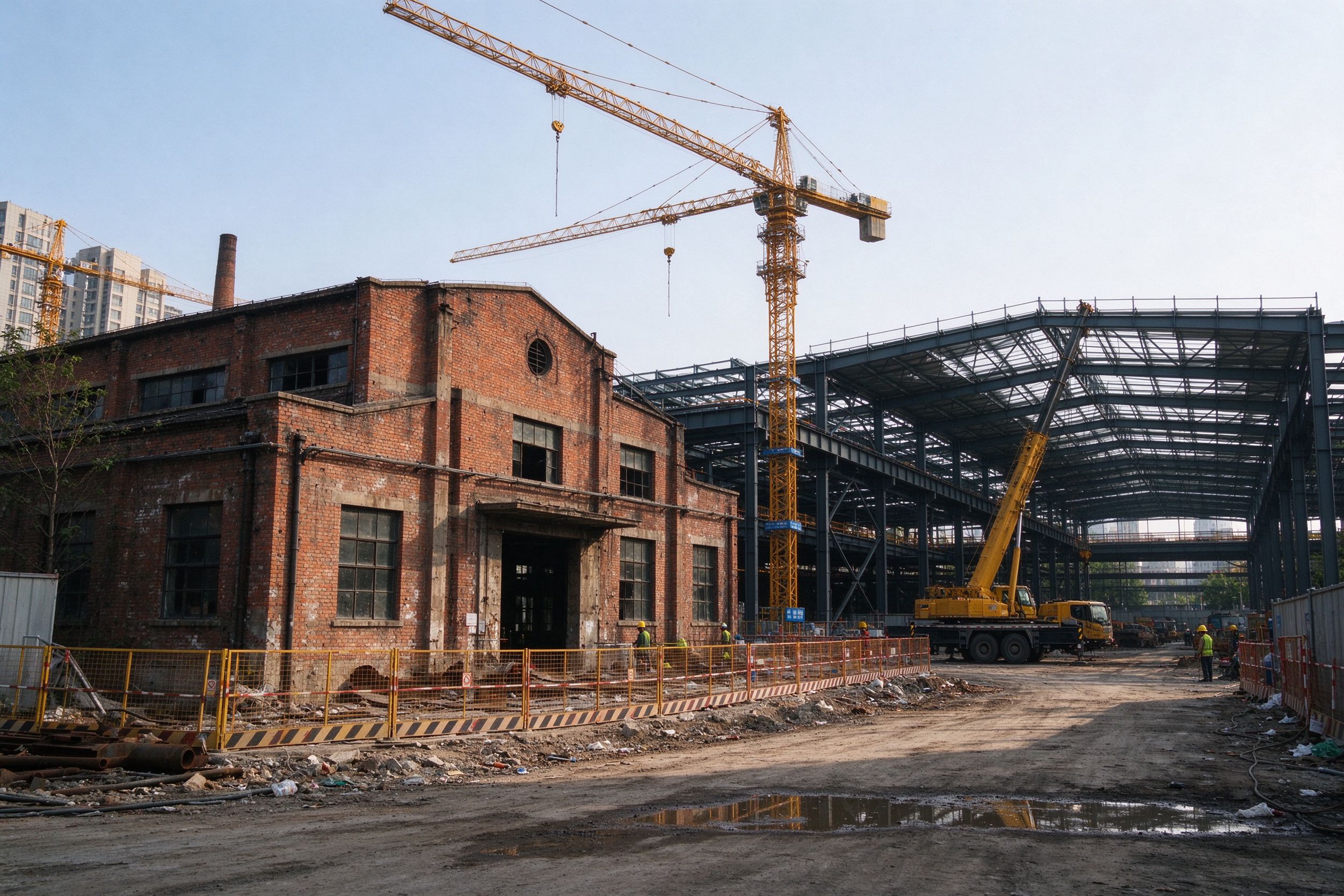 焦作城市更新工地,旧红砖厂房与新建钢结构