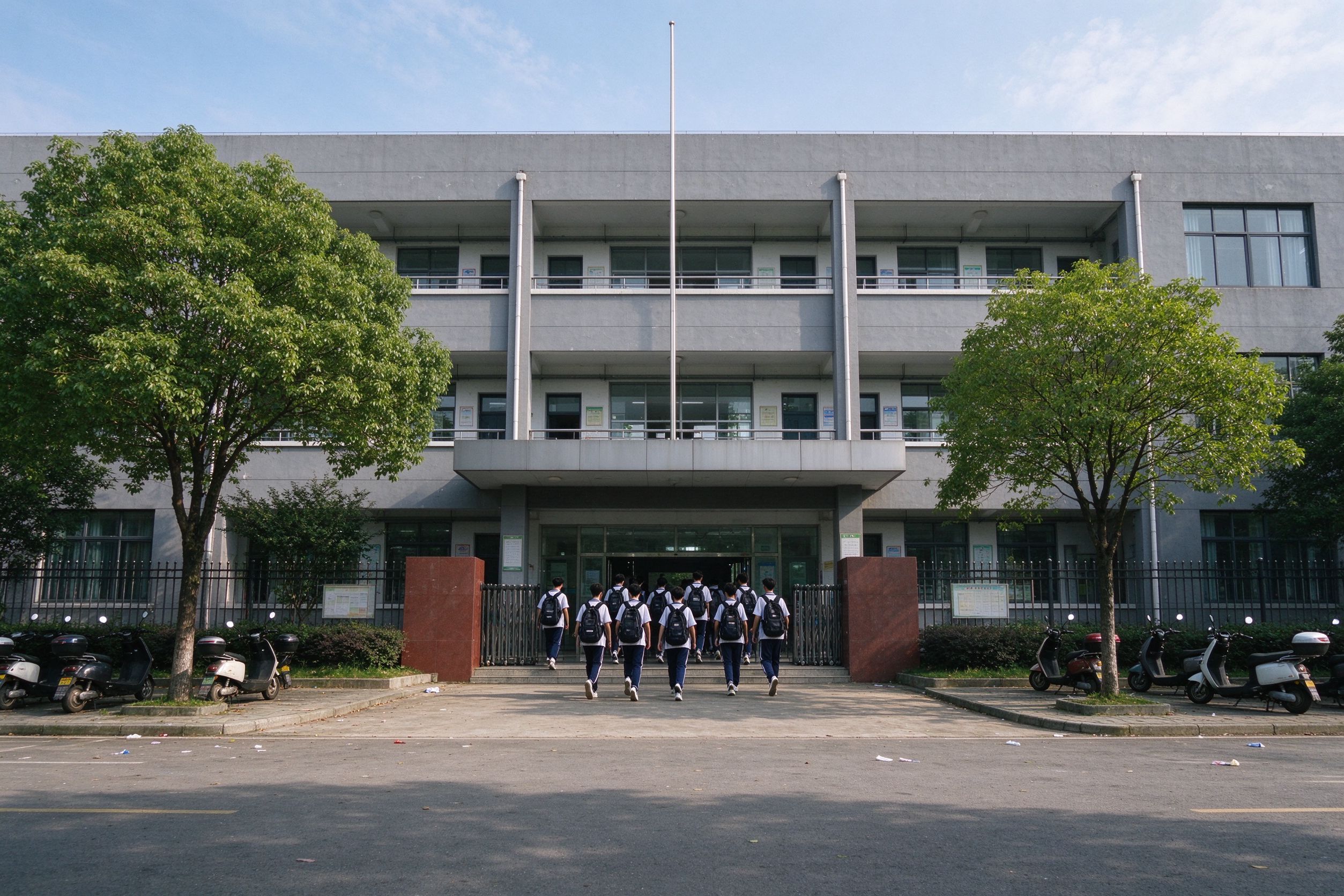 学校教学楼外景，考生陆续走进校门