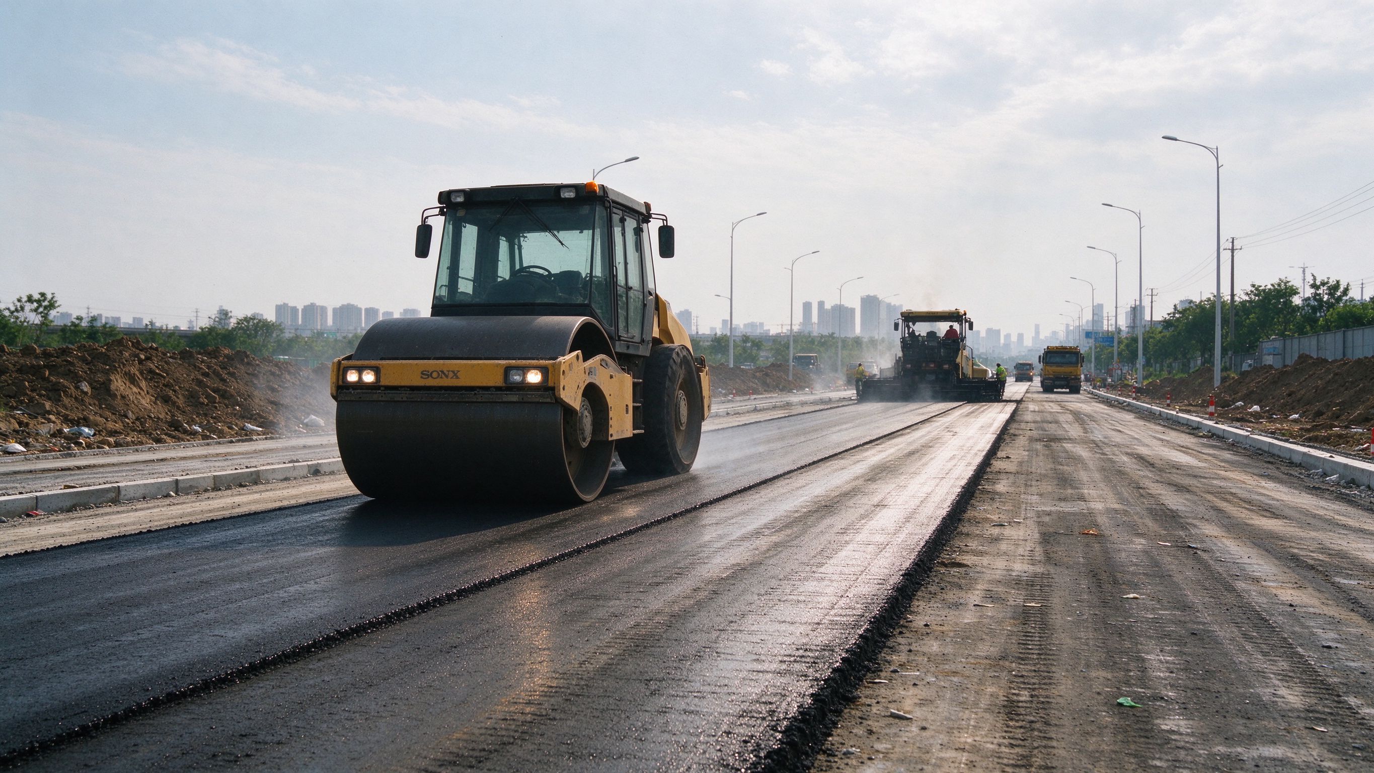河南城市道路基建工地压路机作业