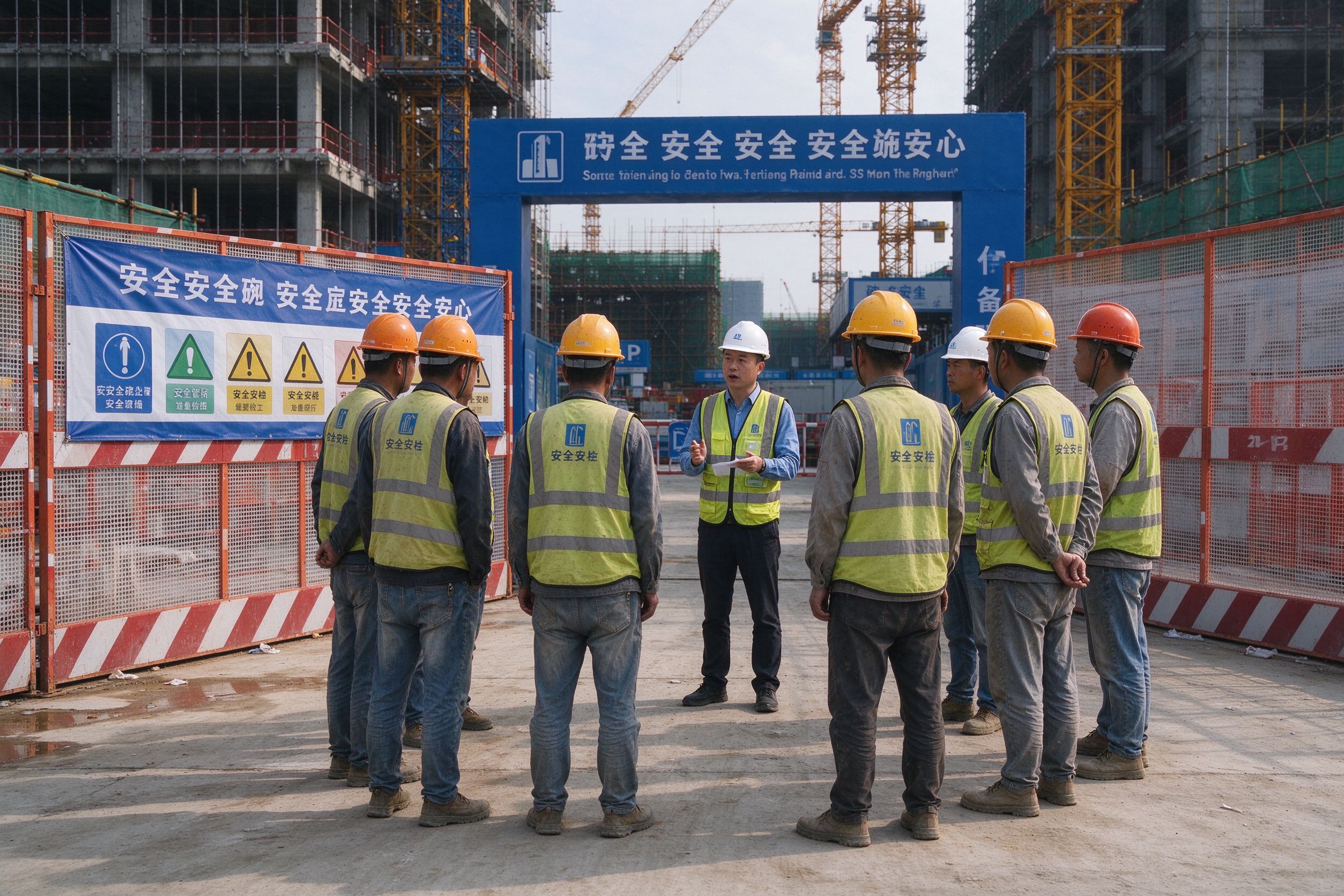 安全员给工人做班前安全教育