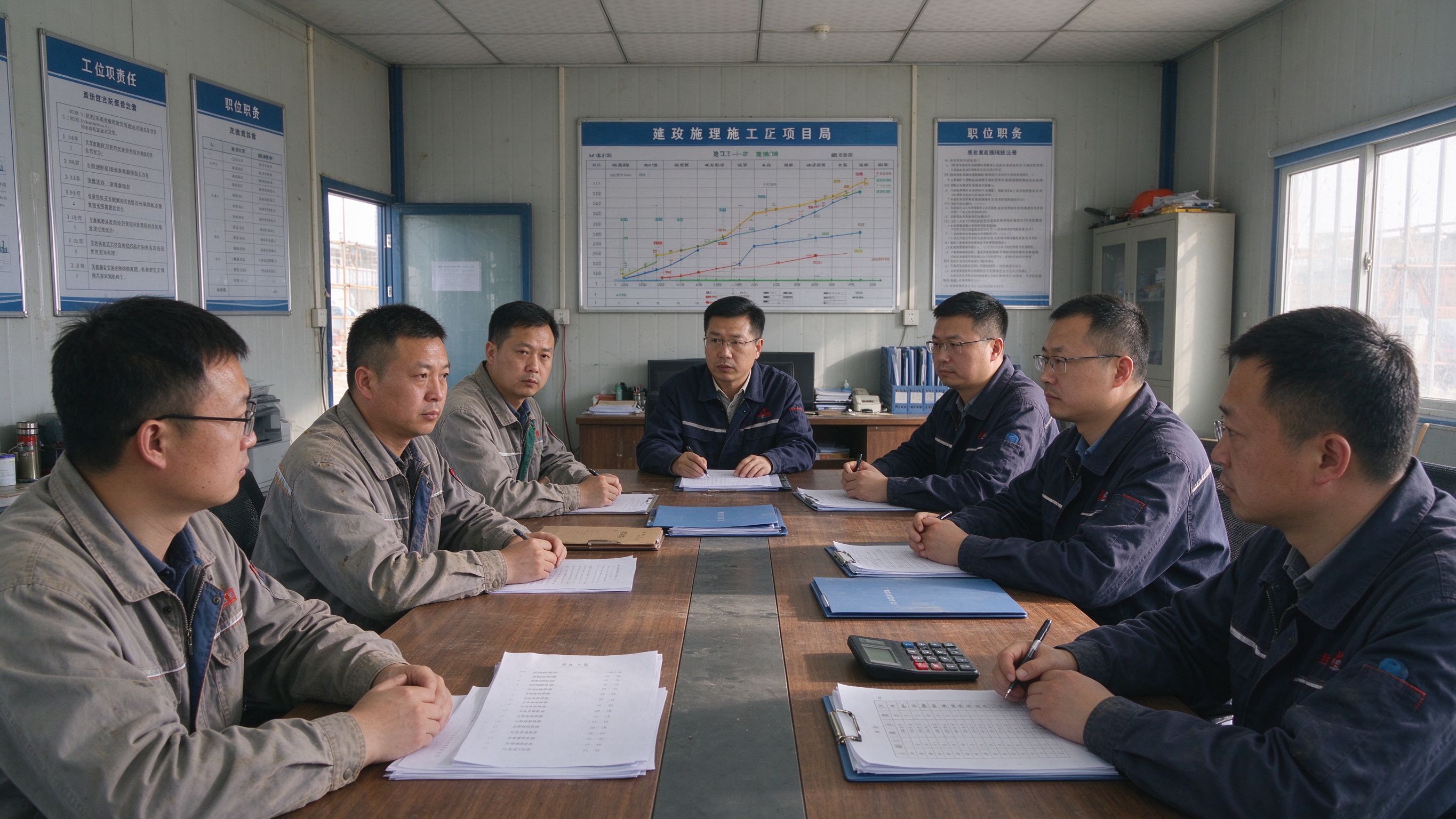 企业管理人员在项目部会议室对接证书与报考安排