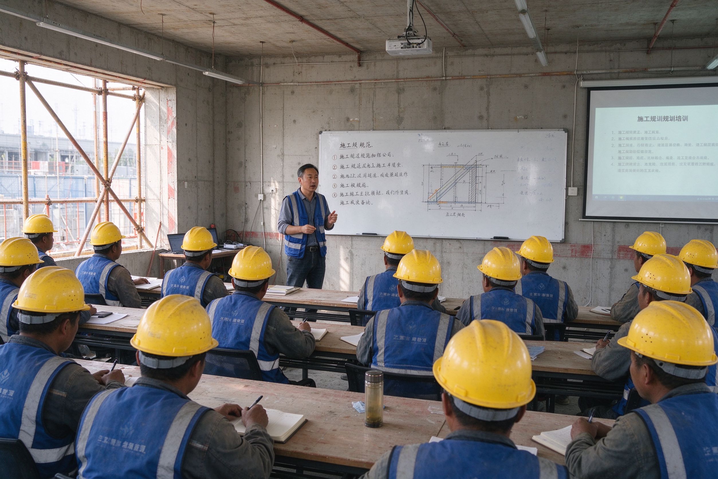 建筑工地培训教室内，讲师在白板前给戴安全帽的工人上课