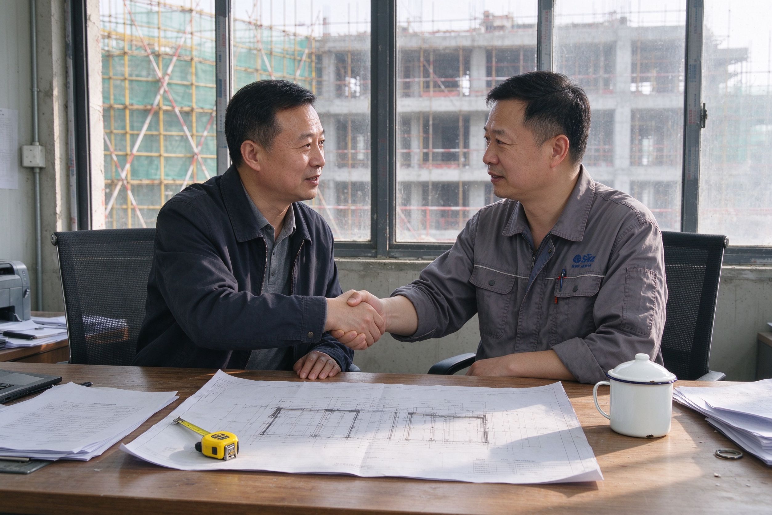 两位企业代表在工地办公室桌前握手洽谈合作