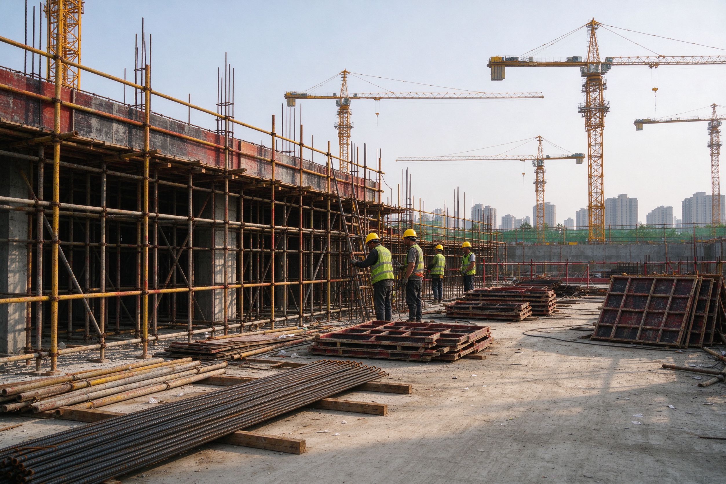 新乡近郊民用建筑施工现场，塔吊与脚手架