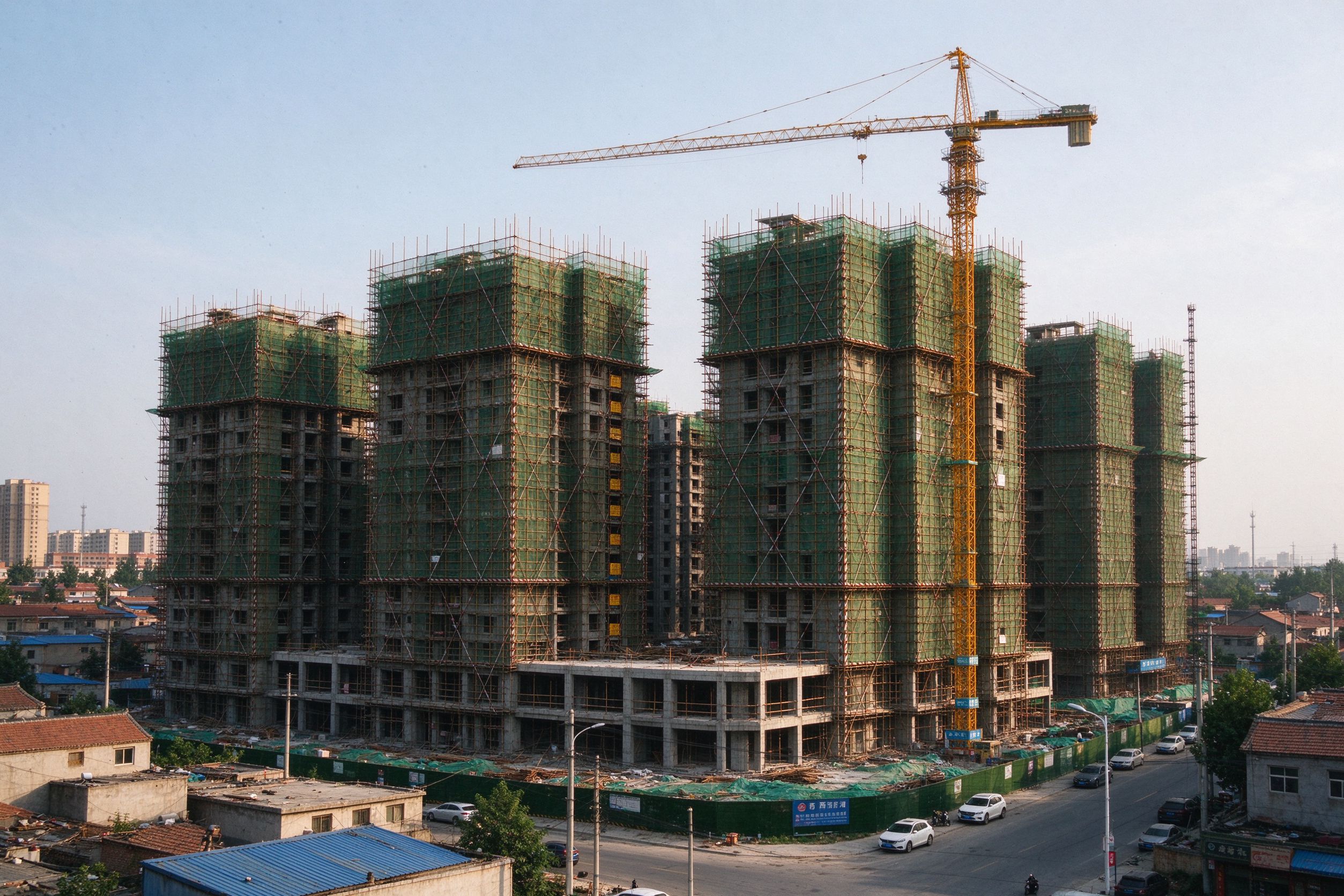 卫辉城市在建高层住宅，脚手架与塔吊