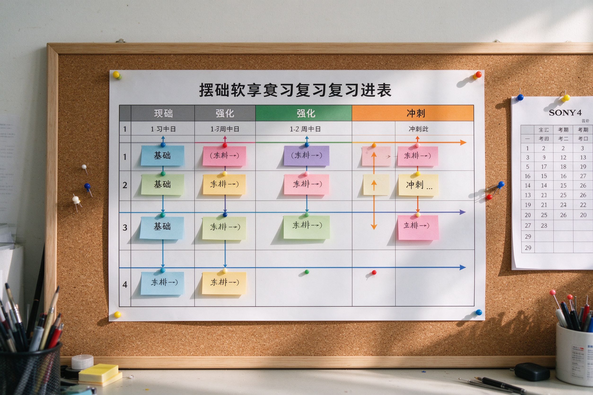 软木板上贴着分阶段复习进度表和彩色便签