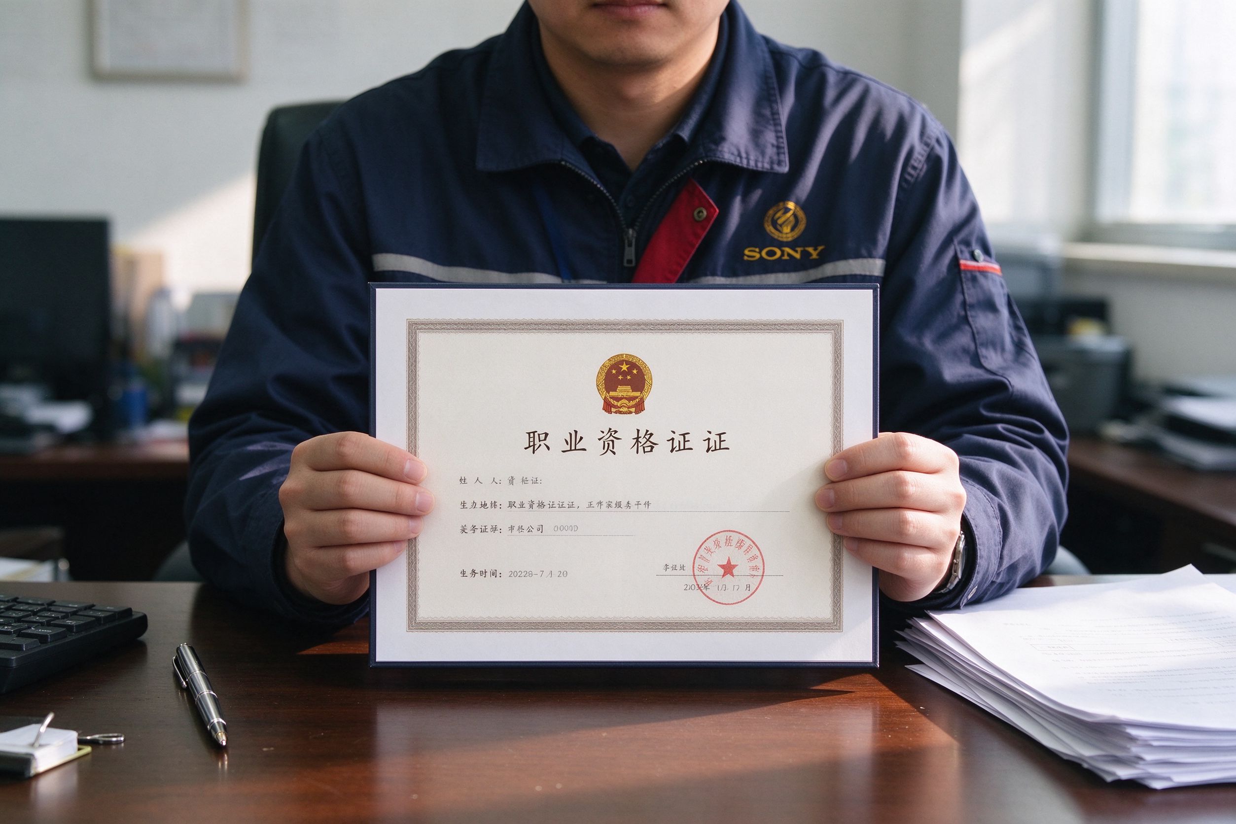 工作人员双手拿着打印好的职业资格证书查看