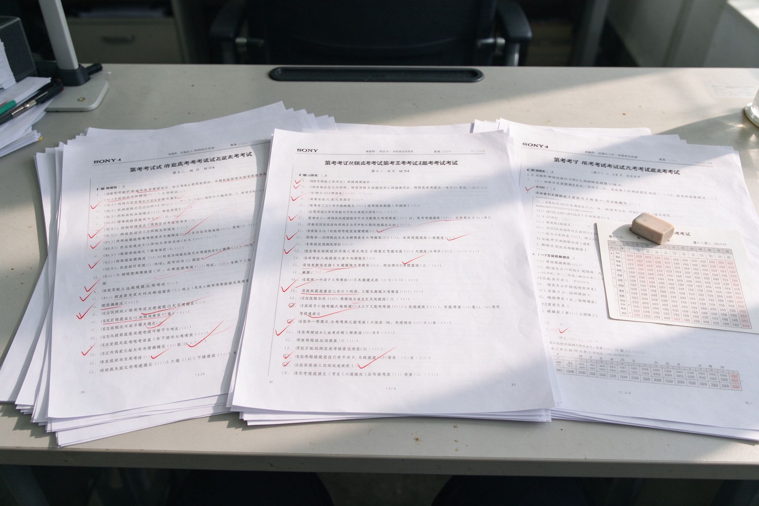 办公桌上平铺着历年真题试卷，有红笔批改痕迹和答题卡
