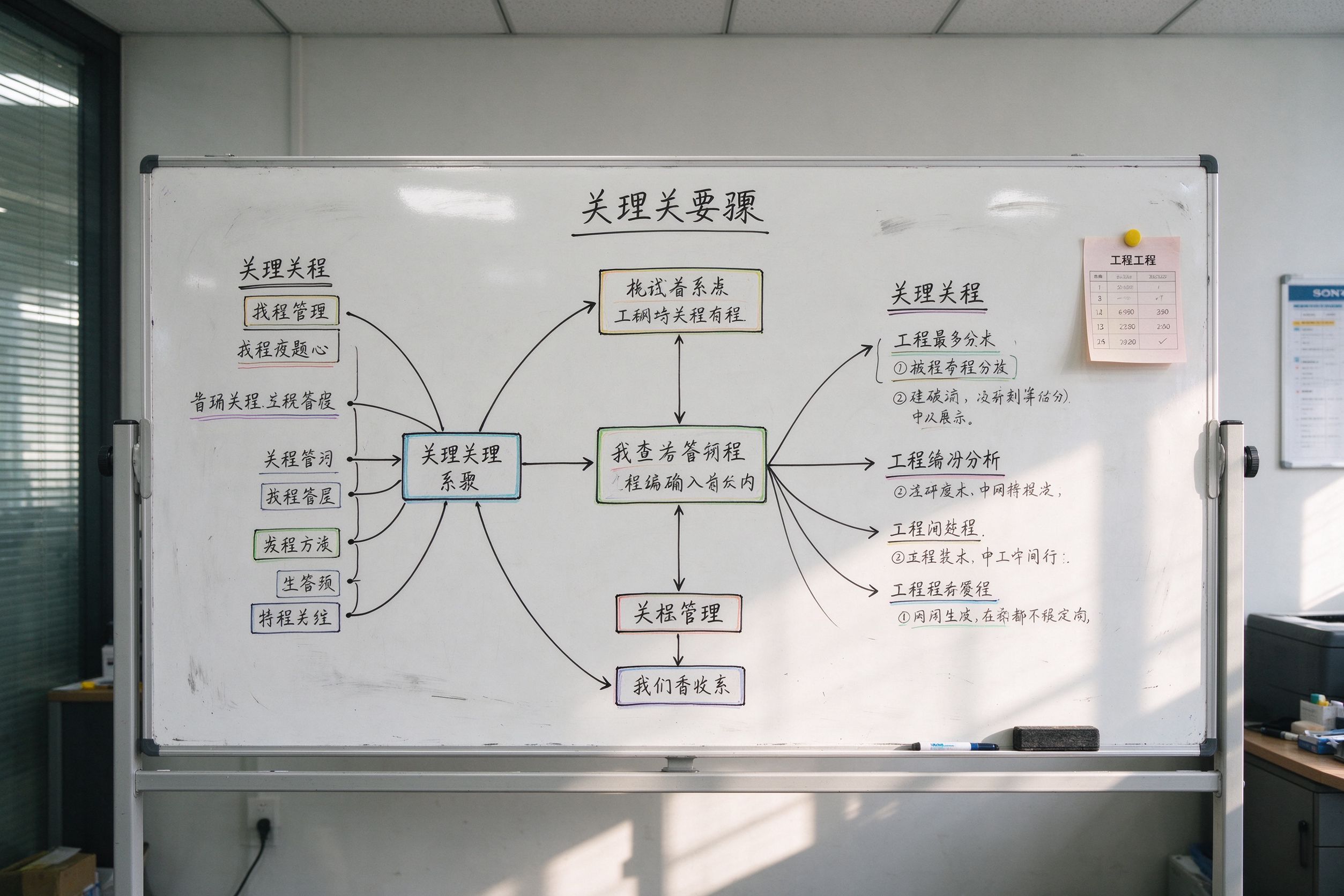 白板上手绘的知识要点思维导图与分支框图